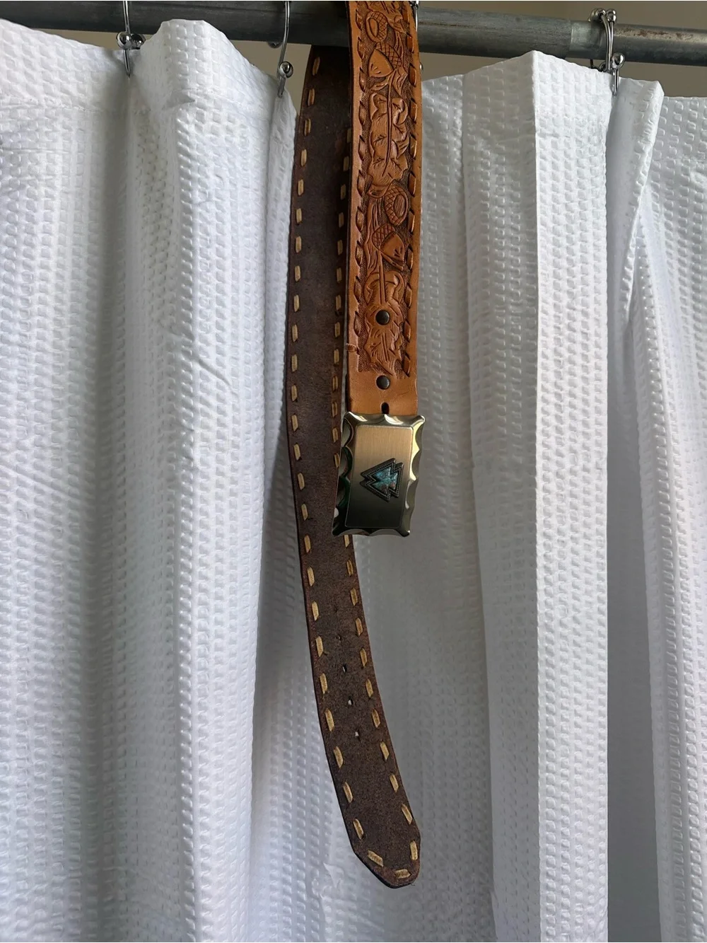 Western Tooled Leather Belt with Decorative Buckle - Brown